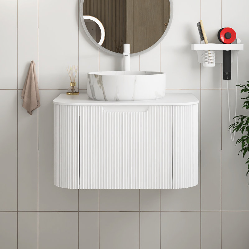 Meuble-lavabo mural avec plateau et tiroir, Blanc, Marbre, 24"