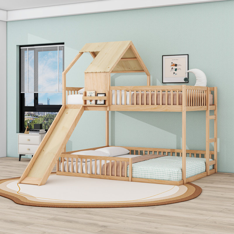 Full XL over Queen House Bunk Bed with Slide and Guardrails, Natural