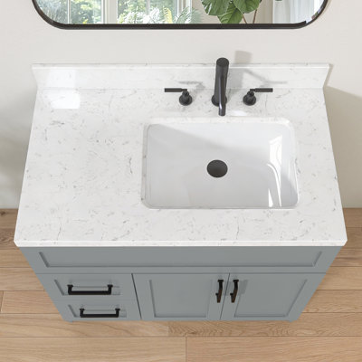36 in. Carrara White Engineered Stone Bathroom Vanity Top with Pre-Installed Integrated Right Sink and Backsplash, 3-Hole 8 in. Widespread Faucet Compatible