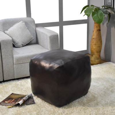 BBH HOMES HANDMADE ECO-FRIENDLY SQUARE SHAPED STUFFED BUFFALO LEATHER BLACK POUF - 14" x 14" x 14", Square Shape, Black Color, Plain Solid Design, Genunie Buffalo Leather, Recycled Cotton Stuffed, Seating Pouf For Living Room, Study Room, Patio & Office