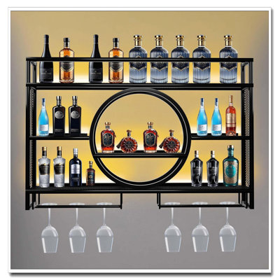 3-Tier Metal Wall Mounted Wine Rack - With LED Light & Glass Holder (Black, 120×80×15) For Home Bar Dining Room