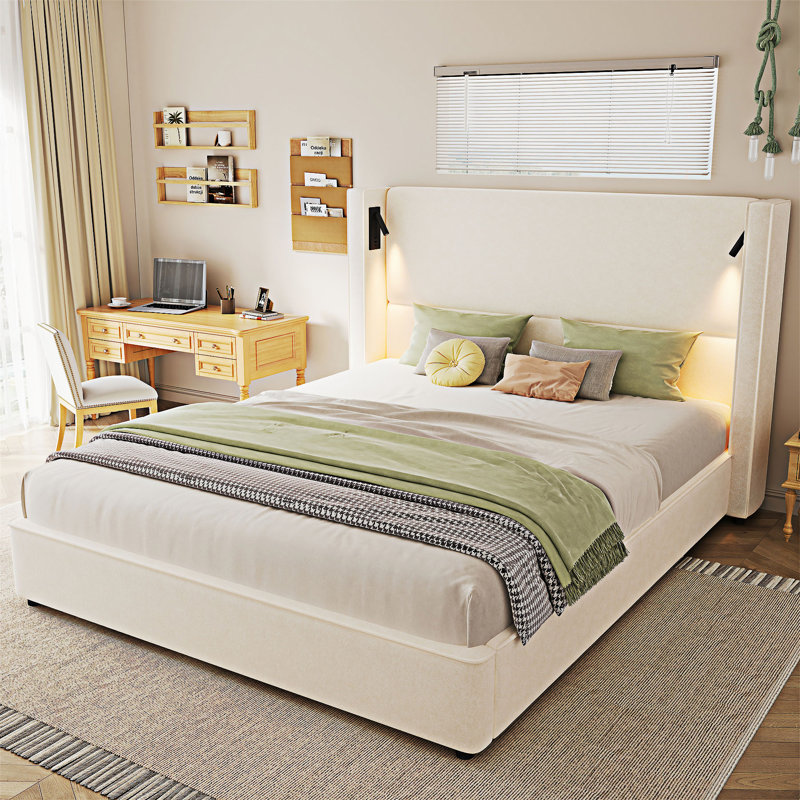 Structure de lit grand format avec lampe de lecture et port USB