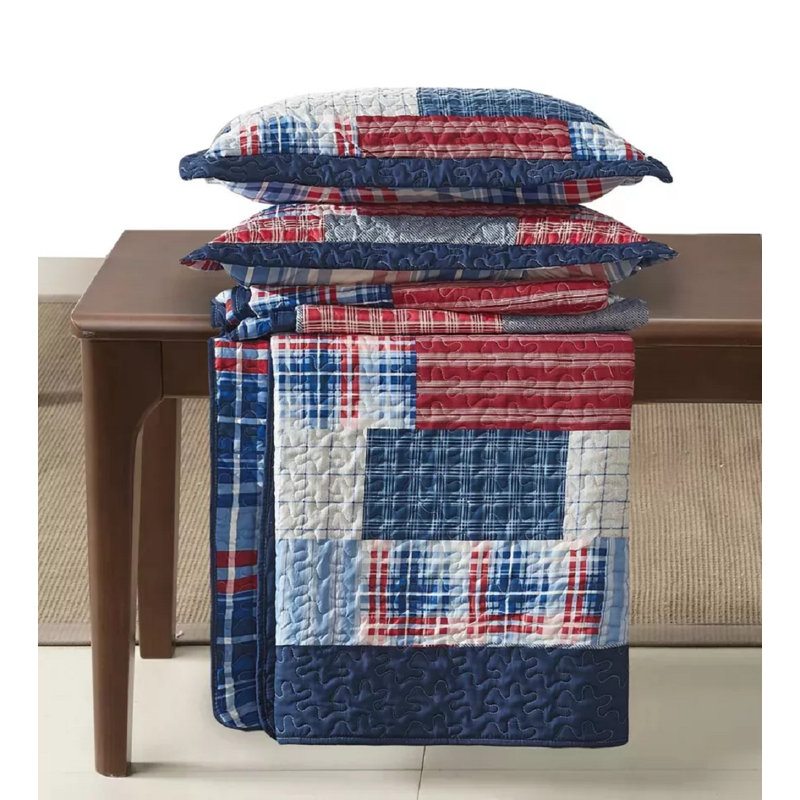 Newlin Polyester Patchwork Bedspread with Pillow Shams, Red, 185 x 240 cm Bedspread - 1 Pillowcase