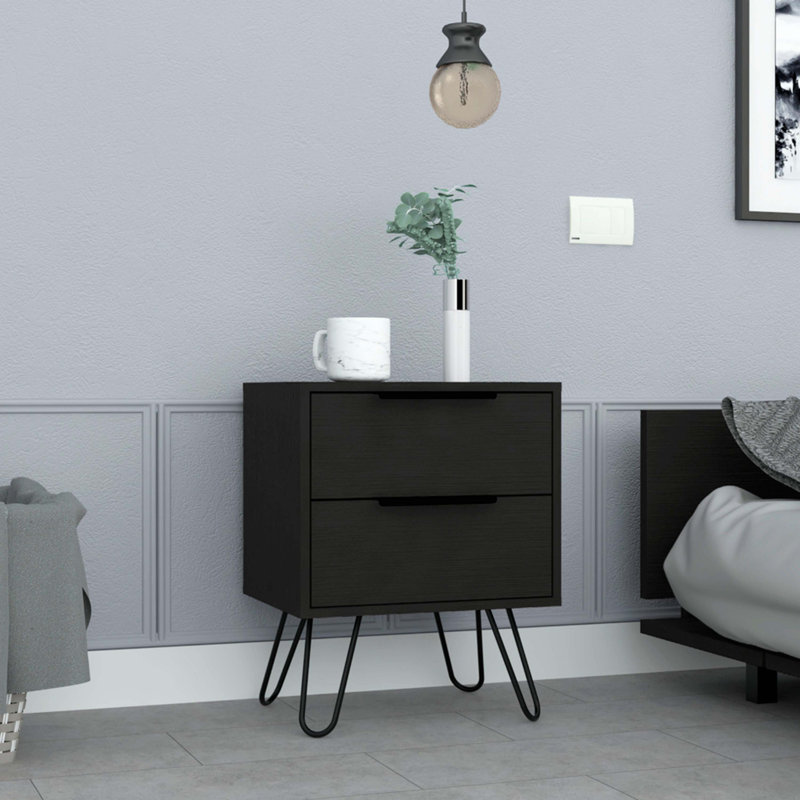 Table de chevet, pieds en épingle à cheveux, deux tiroirs, Noir