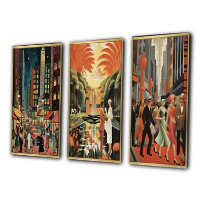 Art Deco Retro City Life I - Fashion Woman Printed Canvas Art Set of 3
