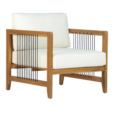 Chaise de patio d'extérieur en bois d'acacia avec coussin beige, fauteuil d'appoint simple en corde pour patio