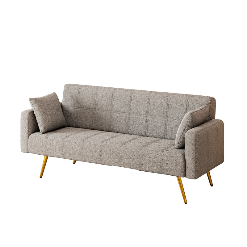 Quiniya 71.26" Modern Velvet Sofa Bed Folding Couch with Two Throw Pillows for Living Room, Light Gray Teddy 
