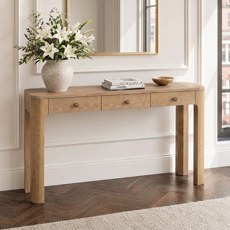 Safety-Focused Vintage Console Table With Rounded Corners&Storage Drawers & Decorative Display Function, Natural Wood