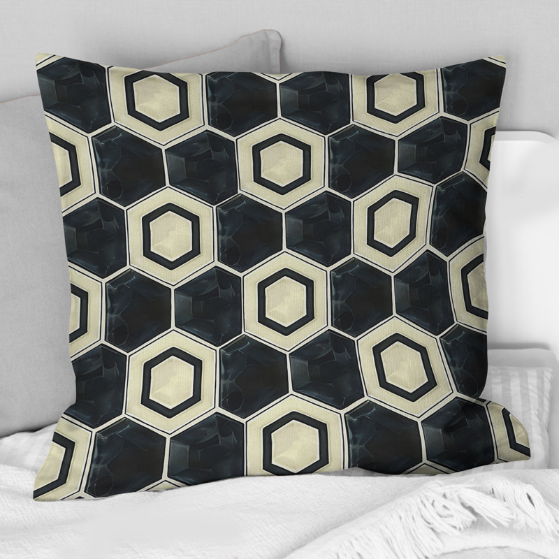 Coussin noir et blanc Hexagon VI - Mid-Century, H 16 po x l 16 po