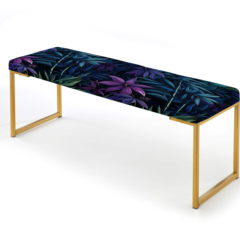 Banc tropical rembourré or, Bambou crépuscule vert et motif tropical mauve