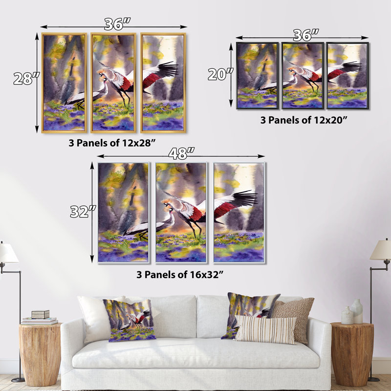 Deux grues couronnées dansant dans une clairière ensoleillée - ensemble d'art mural sur toile traditionnel encadré de 3