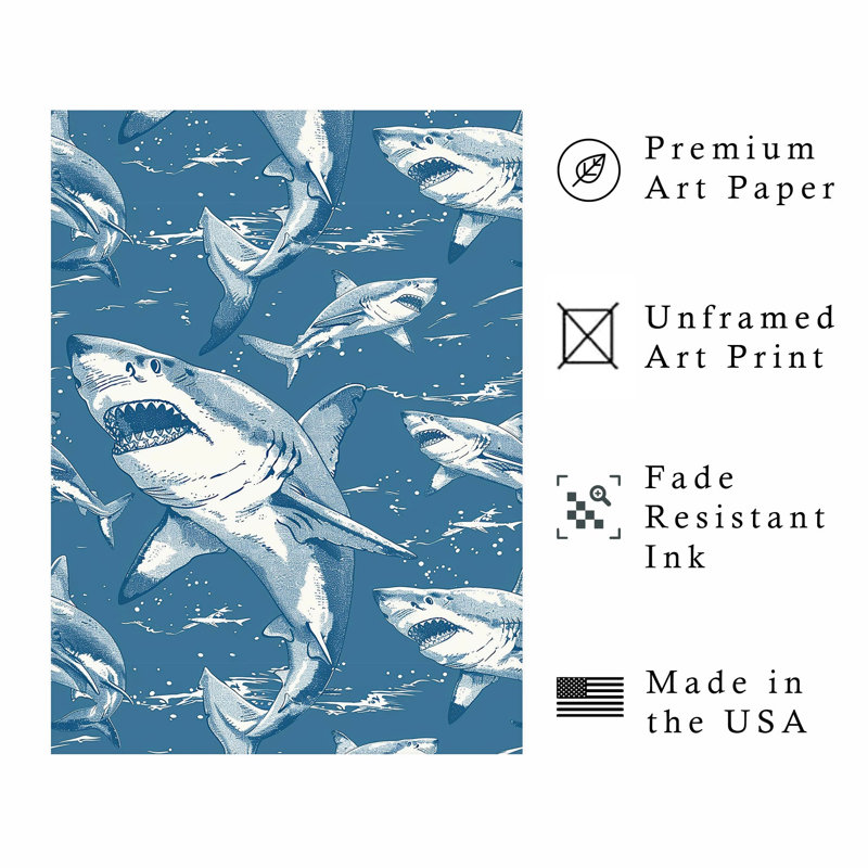 Animals Sharks Pattern III Modern Unframed Art Print, 20" H x 16" W