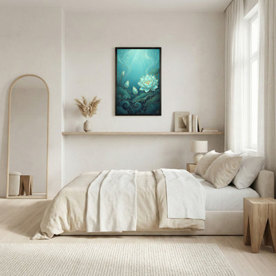 Art sur toile, fleurs de lotus turquoise avec contours dorés et phases de lune