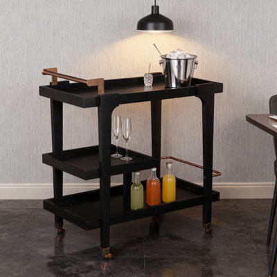 Midcentury Modern Bar Cart With 3-Tier Design, Locking Casters, And Safety Guardrail For Versatile Serving And Storage