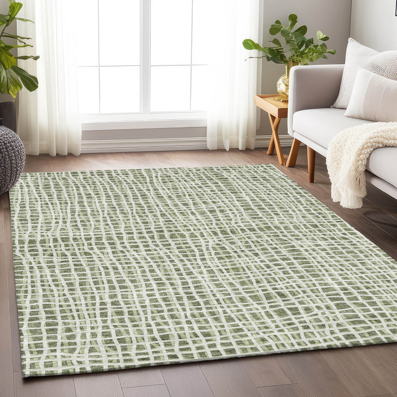 Premium Machine Washable Prisco Green Rug, Rectangle 5' x 7'6"