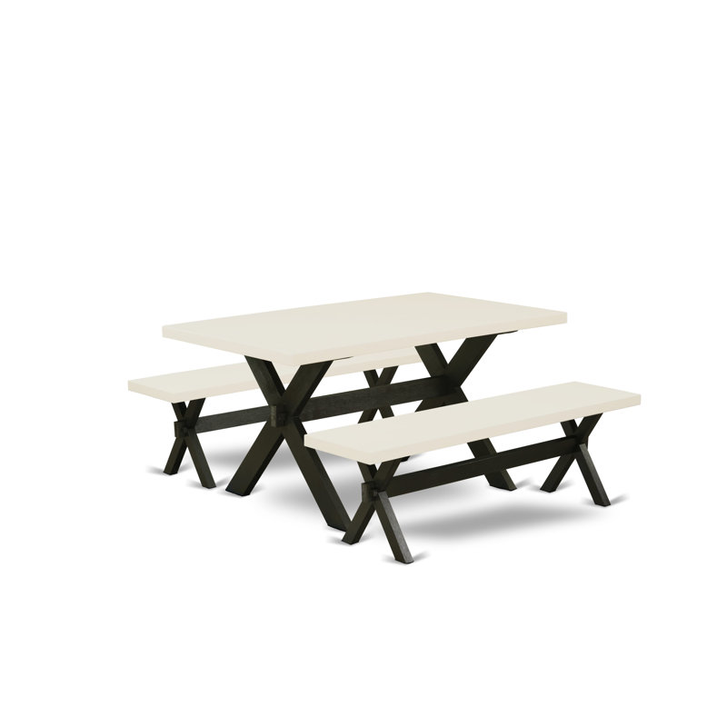 L'ensemble de table de salle à manger 3 pièces comprend une table de cuisine rectangulaire avec pieds en X et 2 bancs de salle à manger, finition noire brossée