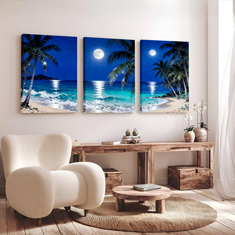 Tableau sur toile tendue « Plage tropicale au clair de lune et palmiers » (Ensemble de 3), H 36 po x l 72 po