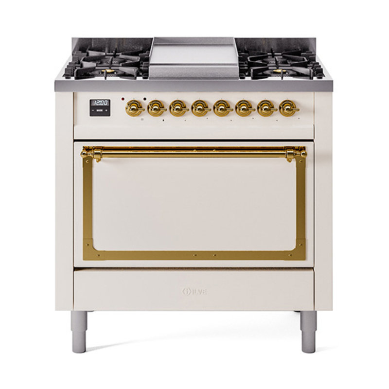 Cuisinière ILVE Nostalgie II Series 36 po à double combustible avec 6 brûleurs scellés et plaque de cuisson (gaz naturel, porte pleine)