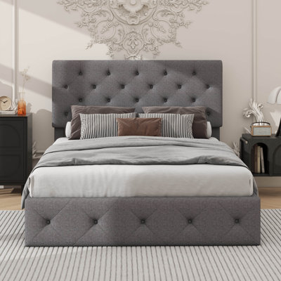 A QueenSized Upholstered Platform Bed Featuring A Hydraulic Lift Storage Mechanism