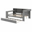 Lit plateforme en bois avec tablettes de rangement, lit gigogne, station de charge, DEL, bureau et tête de lit tapissier-375209047