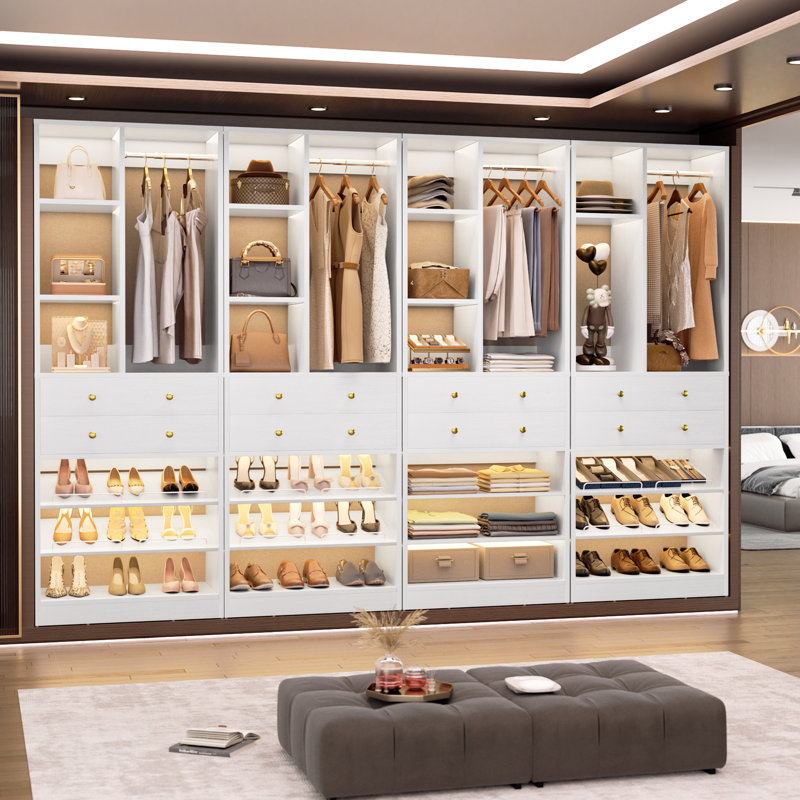 112" FT Closet Organizer System With Drawers And Shelves, White, 4pcs-112"W