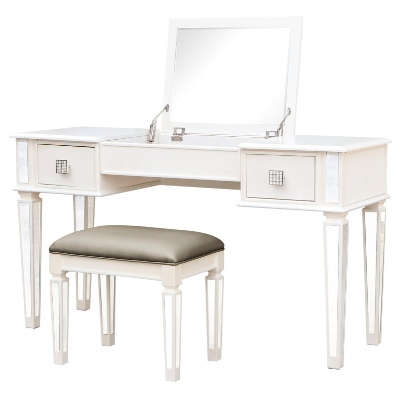 Mirrored Vanity Table For Bedroom - Makeup Desk With 2 Smooth-gliding Drawers Crystal Metal Drawer Pulls Dressing Mirror Easy Surface And Materials