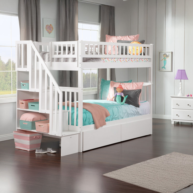 Ilariana Wood Bunk Bed with Staircase and Drawers, White, Twin over Twin