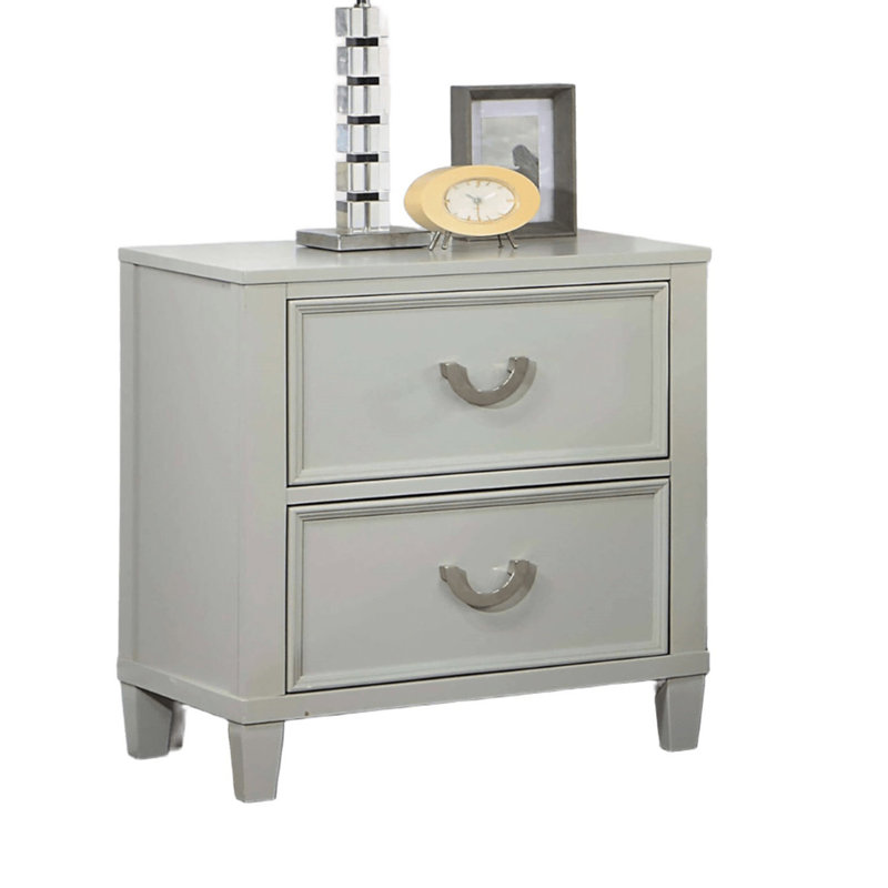 Transitional 1pc Nightstand Dovetail Drawers Solid wood Bedside Table Chrome Hanging Pulls, Gray