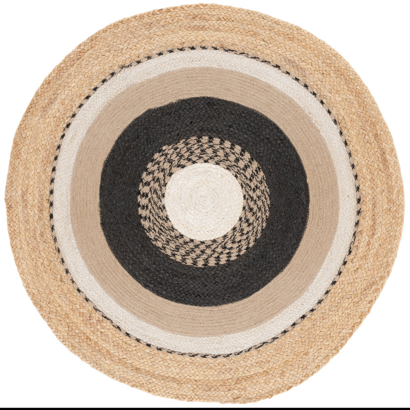 Natural Fiber Handwoven Jute & Cotton Geometric Rug in Natural/Black, Round 3'