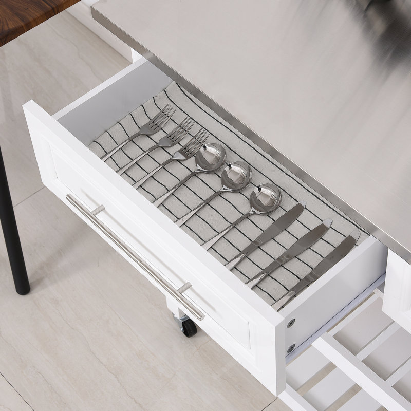 Kitchen Island With Stainless Steel Top, Open Shelves, Drawers, Gray