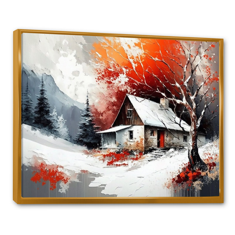 Monochère orange chalet en hiver VII - paysage, art mural sur toile, H 30 po x l 40 po x P 1,5 po, Cadre flottant doré