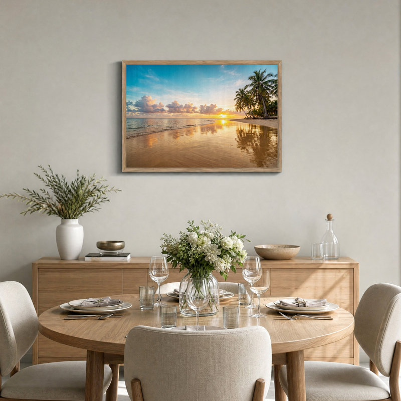 Tableau sur toile au coucher du soleil sur une plage tropicale avec des palmiers, 36"H x 48"W