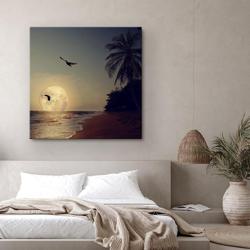 «Harvest Moon Tropical Ocean Sea Beach Island Birds», reproduction sur toile, H 12 po x l 12 po x P 1,5 po