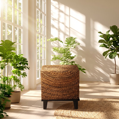 Table d'appoint carrée bohème en jonc de mer tressé naturel et bois d'acacia, 50 cm L x 50 cm P x 55 cm H