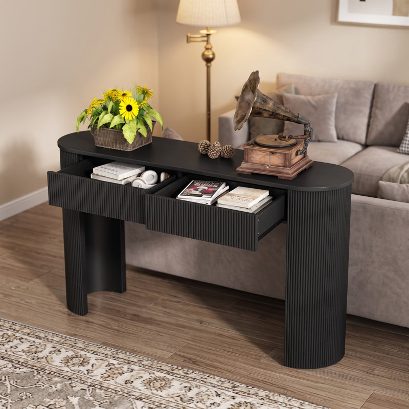 Console moderne avec façades de tiroir cannelées, plateau de table ovale et pieds courbés de style colonne - Table de rangement d'entrée avec 2 tiroirs pour le salon et le couloir