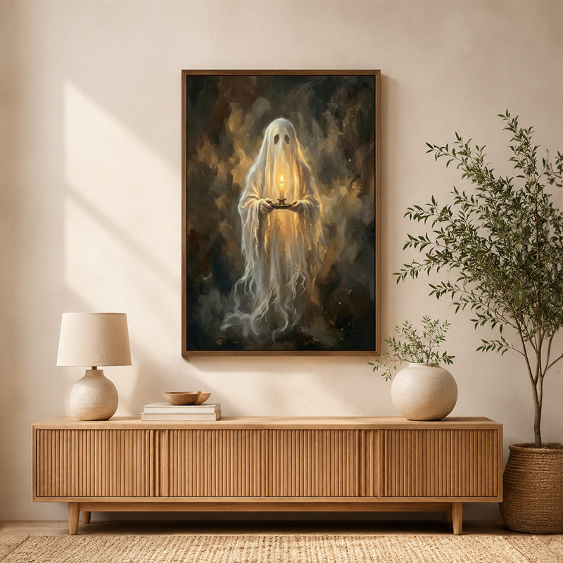 Tableau sur toile avec cadre flottant, représentant une silhouette fantomatique d'Halloween illuminée par une chandelle, à l'éclat éthéré. Prêt à accrocher.