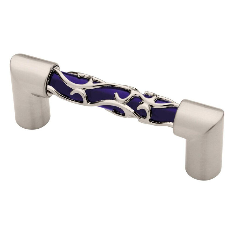 Poignée barre 3 po en dentelle de cristal nickel satiné et bleu, 25