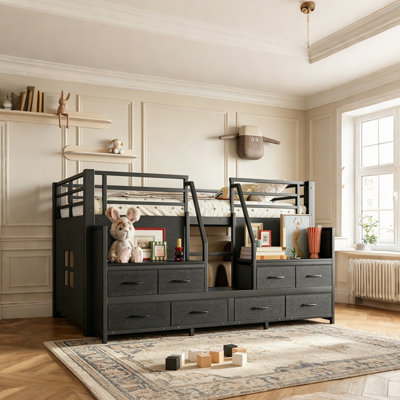 Twin Low Loft Bed with Multi-storage Spaces, Non-woven fabric Drawers, Shelves, Metal Loft Bed with Lights and Independent Spaces under Bed, No Box Spring Needed