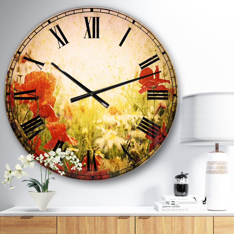 Fond grunge avec coquelicots rouges - horloge murale traditionnelle, Surdimensionné