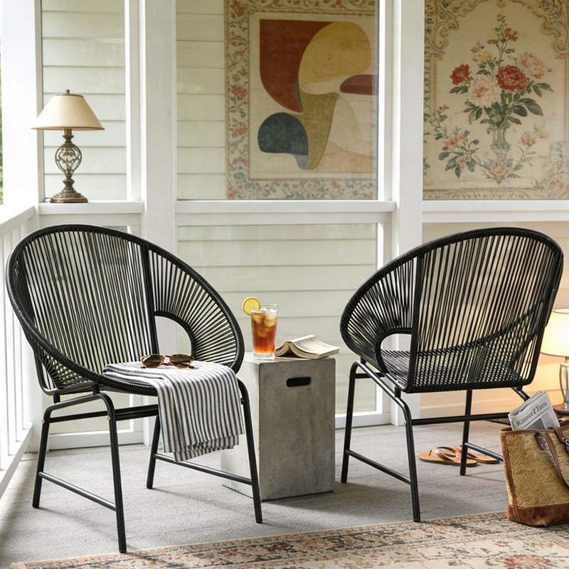 Nusa Outdoor Patio Wicker Chair, Black PE Rattan Iron Frame, Set of 2, Durable and Stylish for Modern Outdoor Spaces, Black