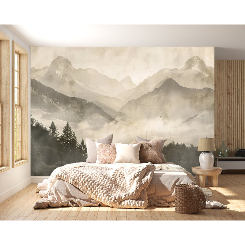  Papier peint montagne, paysage de forêt brumeuse pour chambre à coucher, L 145 po x l 100 po, Non tissé