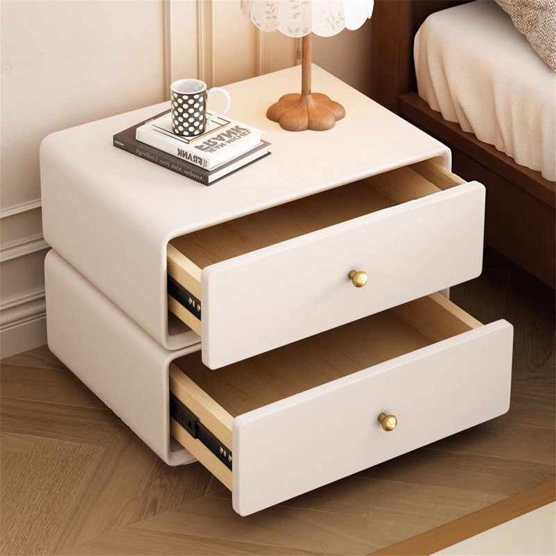360° Rotating Nightstand with 2 Drawers, Modern Leather Top and Solid Wood Frame, Swivel Bedside Table for Small Spaces, Living Room, Bedroom
