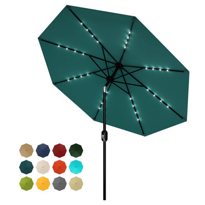 Parasol de patio 10 pi avec lumières solaires, parasol de table d'extérieur avec 8 nervures durables, mécanisme d'inclinaison et de manivelle, imperméable et protection UV pour le jardin, la cour, le bord de la piscine, le bleu