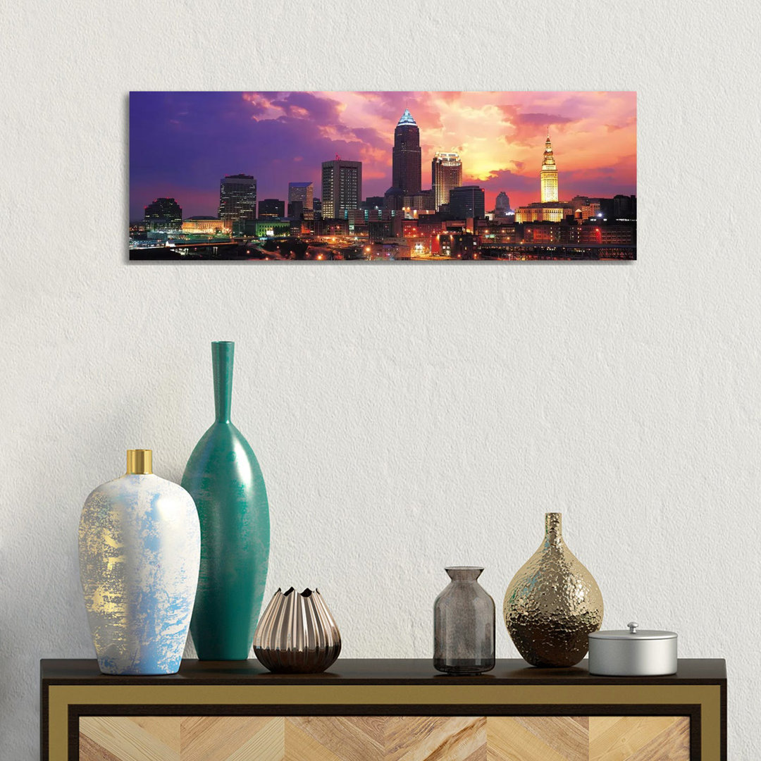 Cleveland Skyline Cityscape (Sunset) - Wrapped Canvas Panoramic Print