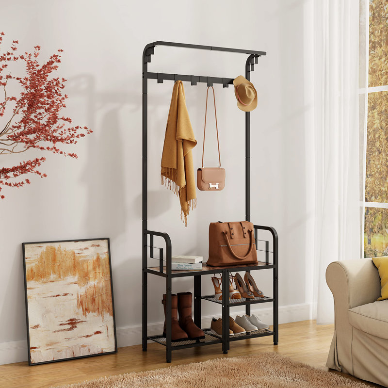 Maximize Entryway Space - Rustic Brown 3-In-1 Coat Rack With Shoe Storage, Sturdy Metal Frame