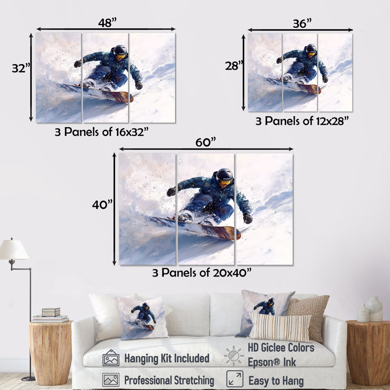 Ensemble de décorations murales blanches Snowboard, Toile tendue, H 32 po x l 48 po x P 1 po