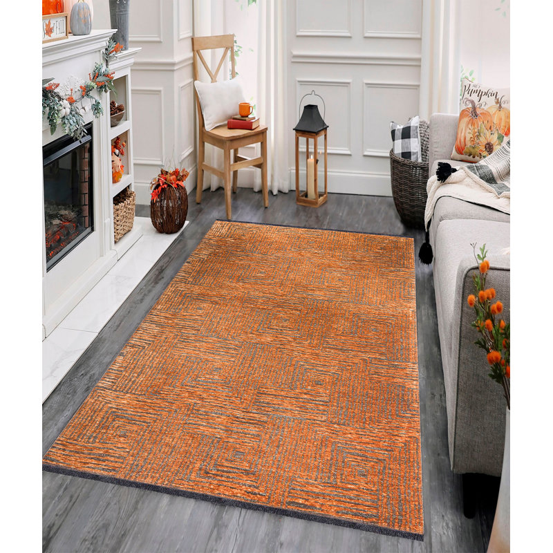 Tapis géométrique en polyester fabriqué à la main à motif géométrique orange, Rectangle 5 pi 3 po x 7 pi 7 po