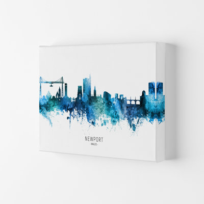Newport Wales Skyline Blue City Name by Michael Tompsett - Print