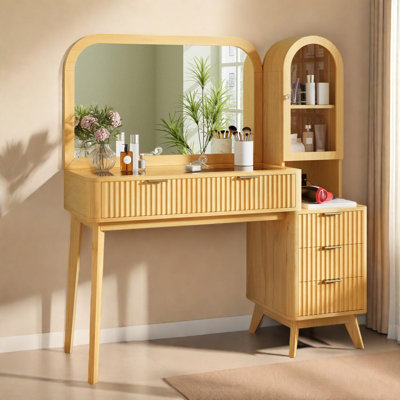 48-Inch Makeup Vanity Desk with Arched Mirror, Glass Top, 4 Drawers, Side Cabinet and Charging Station