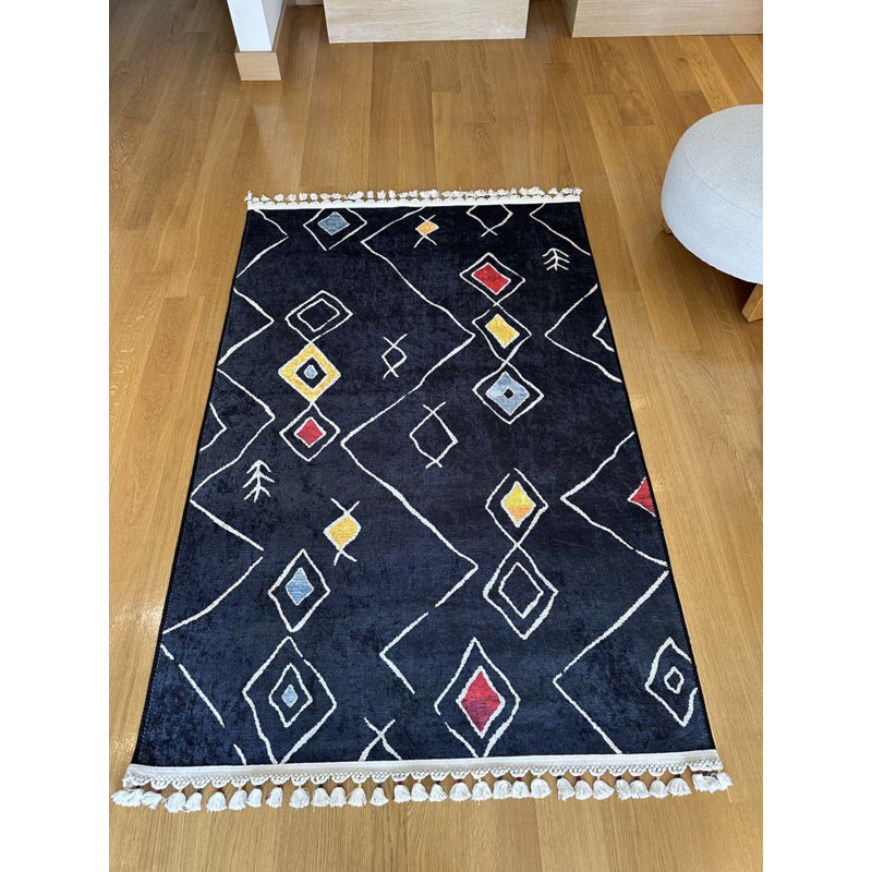 Coton imprimé marocain noir Toscana; Tapis chenille antidérapant, Rectangle 6 pi 7 po x 16 pi 5 po